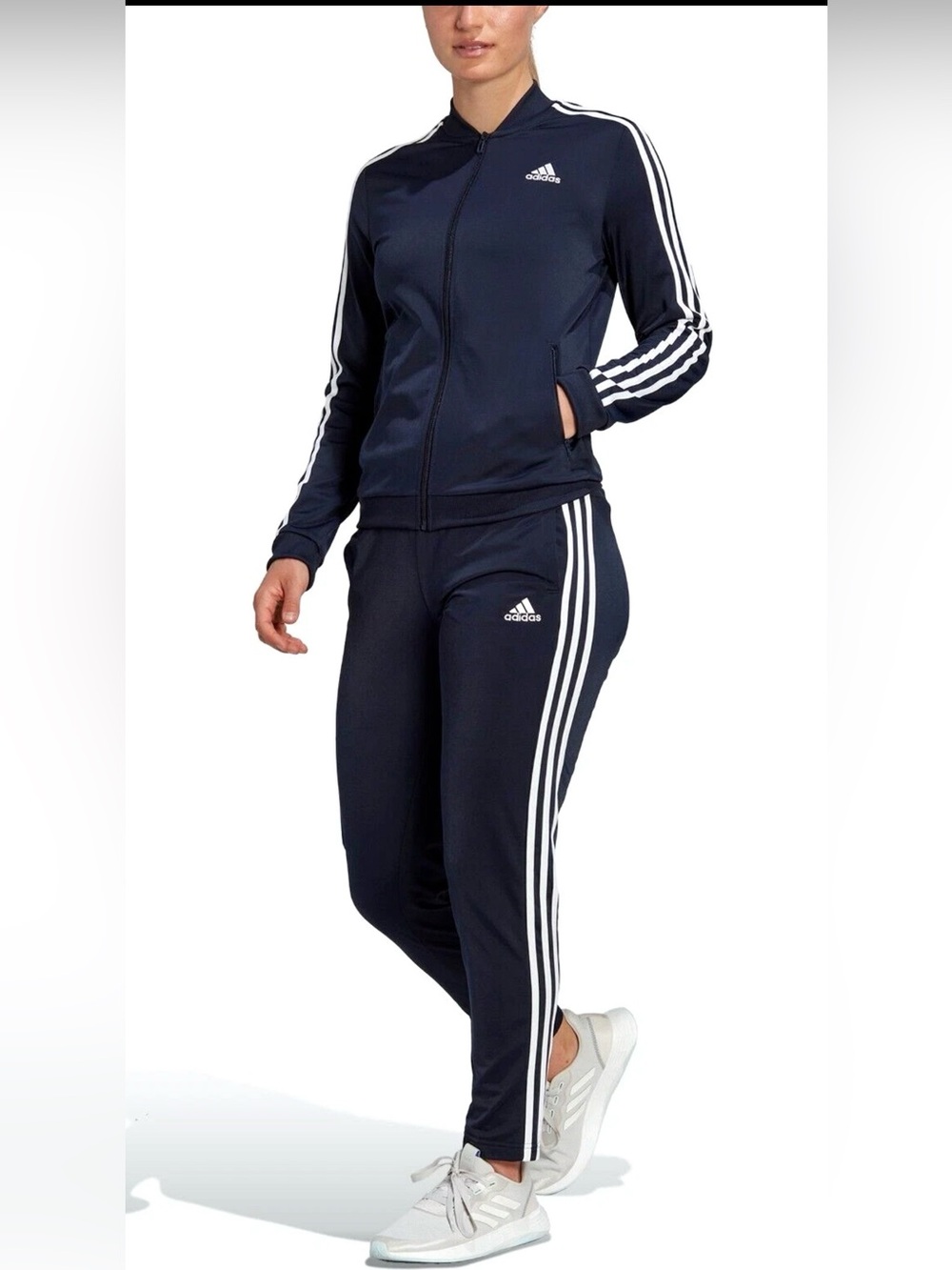 ADIDAS Essentials 3-Stripes Track Suit Zip Jacket & Pants Women's size L Navy